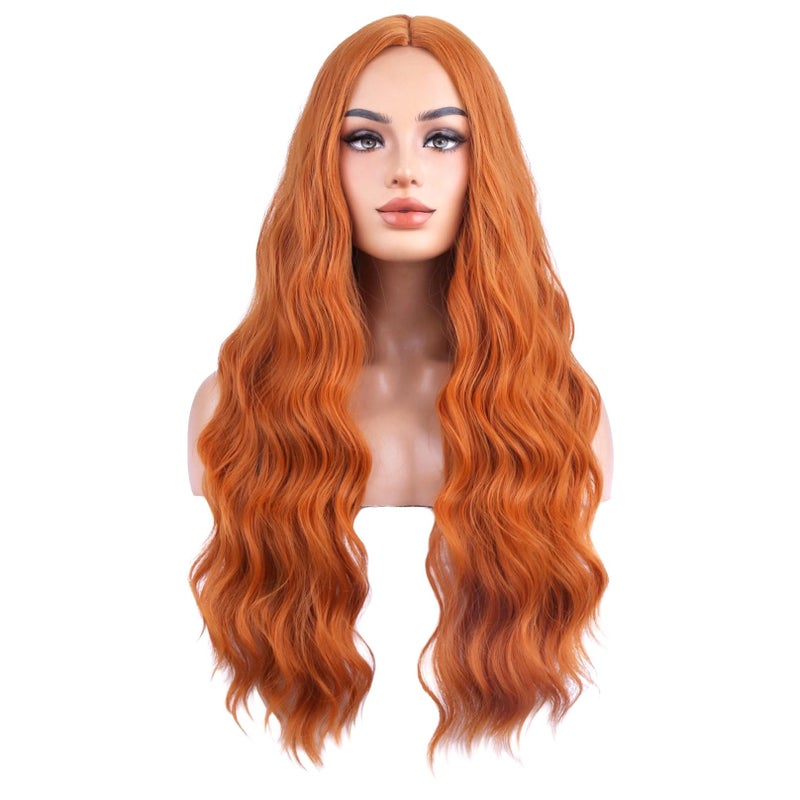 BERON Wigs Orange Long Wavy Wig for Women Curly Ginger Heat Resistant Synthetic Hair Wigs for Daily Use with Wig Cap - Image 2